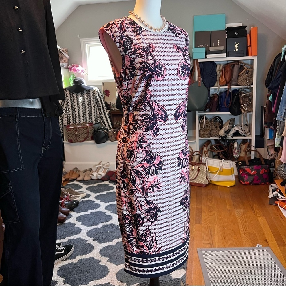 VINCE CAMUTO Crew Neck Flora Pink & Navy Stripped Stunning Dress Size 8 - Picture 9 of 9